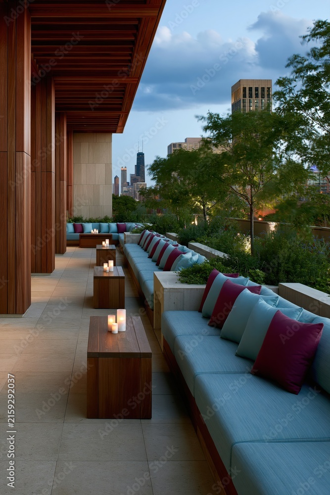 Fototapeta premium Long modern rooftop terrace seating with teal and burgundy cushions and spaced wooden tables with candles for hospitality background and urban lounge design
