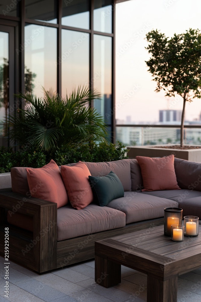 Fototapeta premium Contemporary balcony seating background with gray wood sofa and blush cushions plus low wood coffee table with candles for relaxing outdoor design