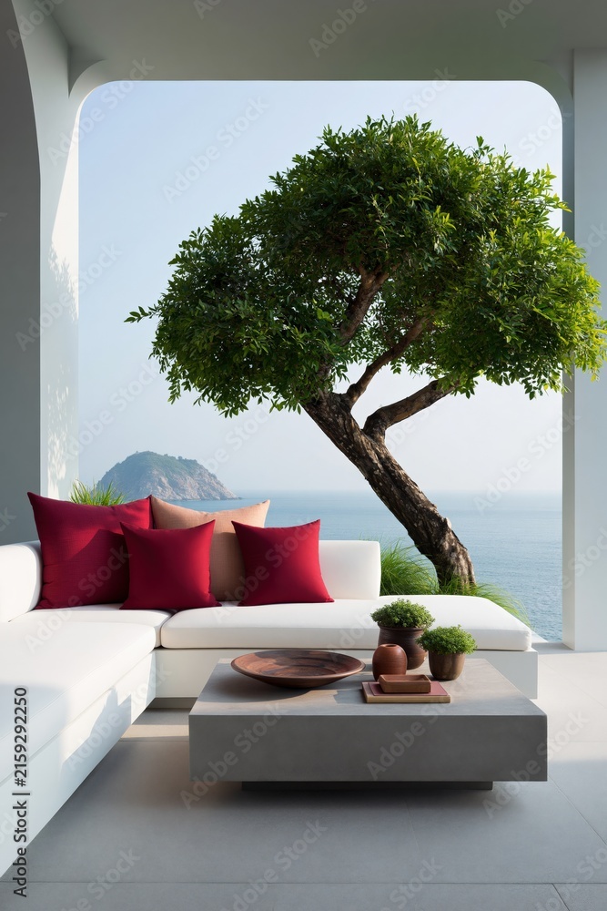 Fototapeta premium Modern coastal terrace lounge with white sofa and red cushions overlooking sea and sculpted tree for interior design background and summer relaxation banner