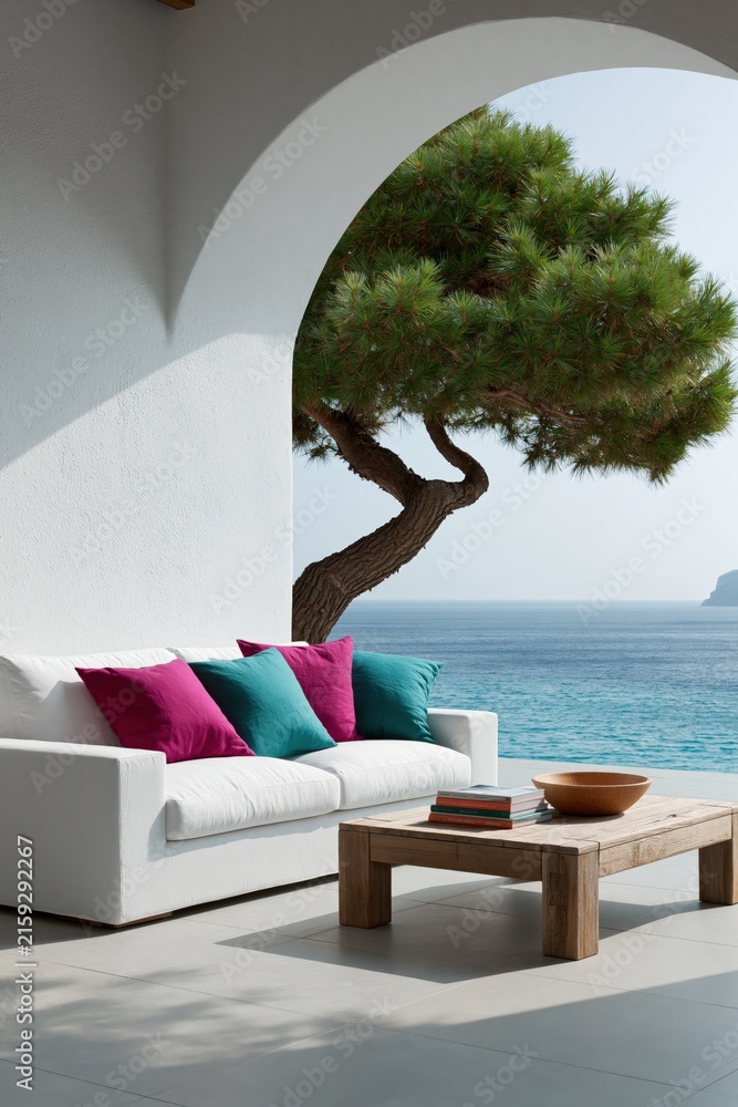 Fototapeta premium Bright coastal archway with white sofa wooden table and sculptural tree for summer resort background and outdoor living banner design