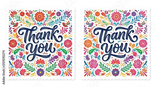 Two ornate square stickers featuring handlettered thank you messages surrounded by colorful floral folk art designs and scalloped edges