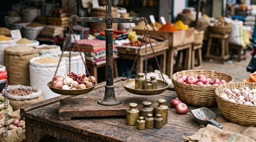 Old-fashioned balance scale weighing onions and chilies against brass weights at a bustling market stall with produce and spices.