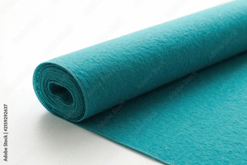 Obraz premium Blue felt fabric roll on white background. Sea green textile material twisted in spiral shape. Soft texture for arts, crafts projects. Close up of colorful cloth for sewing, fashion design, DIY home