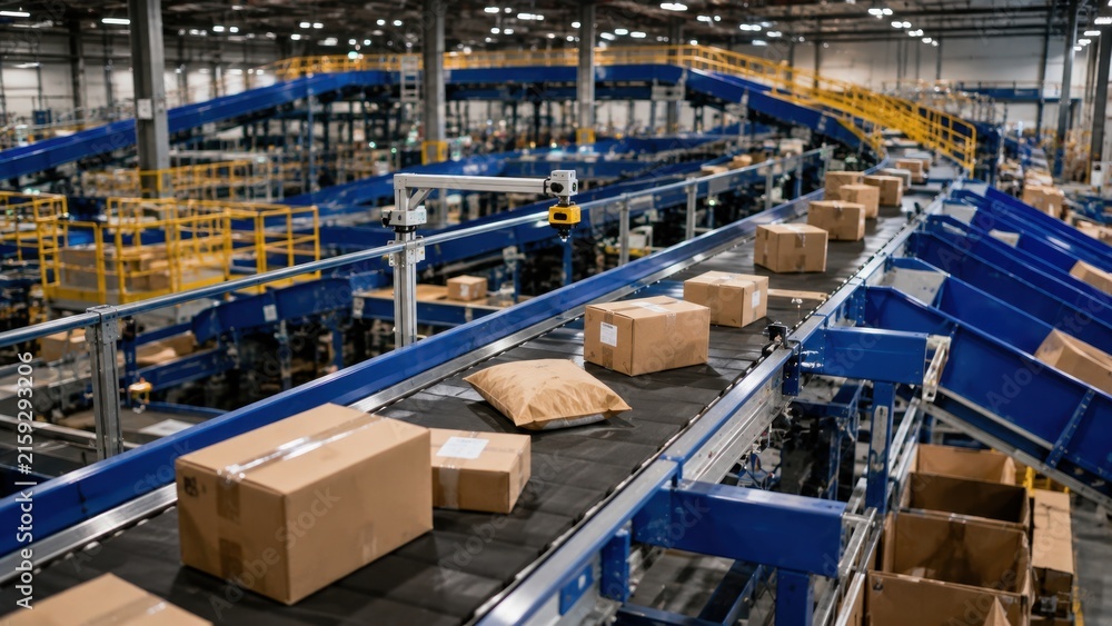 Fototapeta premium Automated Warehouse Conveyor Belt System with Cardboard Boxes for Parcel Delivery and Logistics. Concept of automated sorting, package delivery.