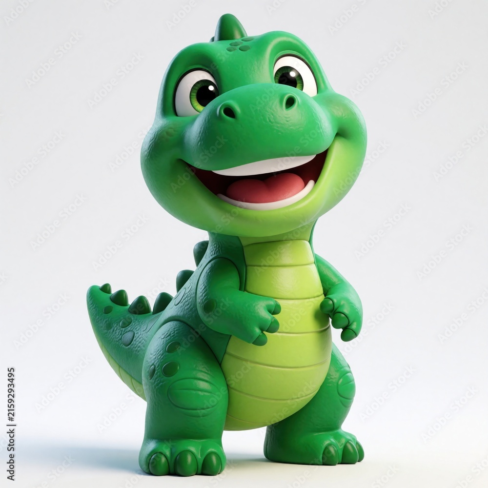 Fototapeta premium Cute green cartoon dinosaur stands with a wide joyful smile. This happy toy creature has big eyes and a friendly stance, ready for playtime adventures and learning fun.