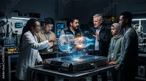 Diverse Team of Engineers Analyzing a Futuristic Holographic Jet Engine Prototype in a High Tech Research Laboratory