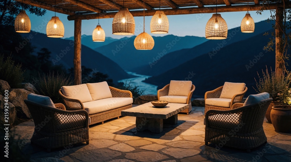 Fototapeta premium Outdoor patio furniture lounge area with sofa and chairs under woven lamps. Mountain valley view at twilight with river. Relaxing evening ambience with soft lights.