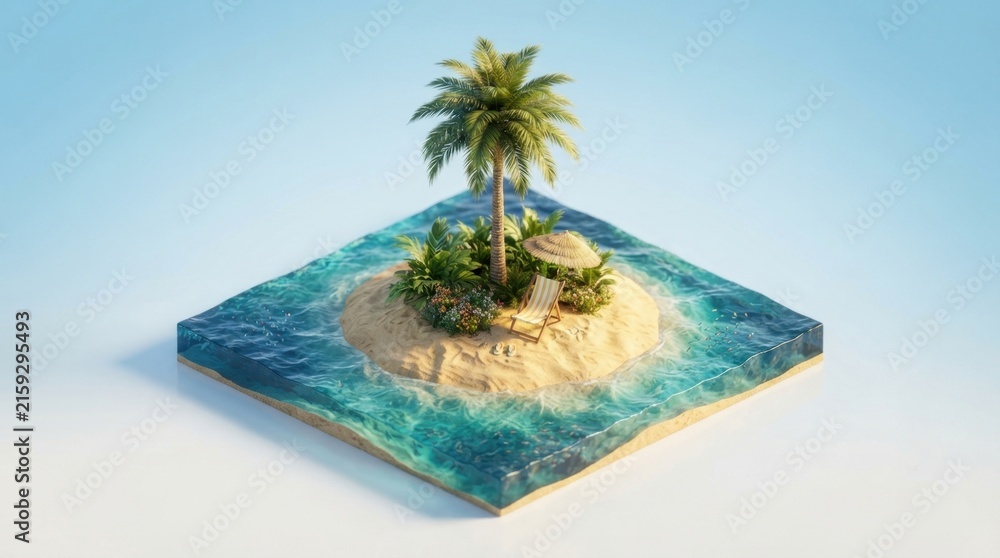 Fototapeta premium Miniature Tropical Island Paradise with Palm Tree and Beach Chair Isometric 3D Render. Concept of summer vacation. Copy space.