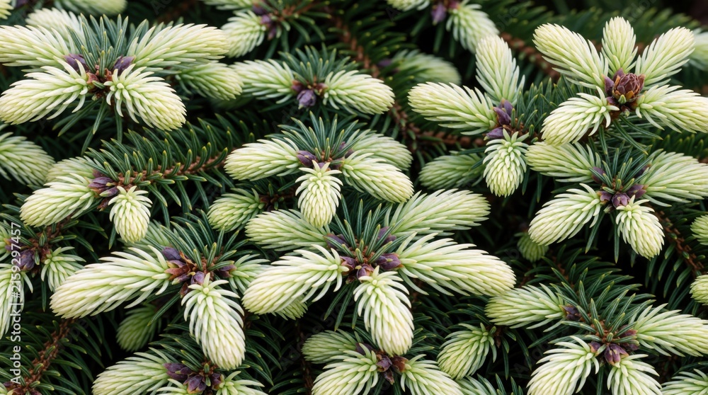 Obraz premium New light green spruce tree buds unfurl on evergreen branches. Tiny needles show purple cones on Picea glauca conica in spring. Close up macro detail.