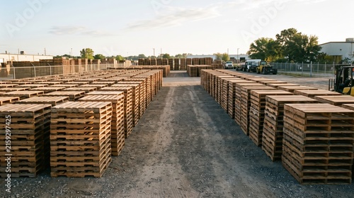 Rows of stacked wooden pallets in an outdoor industrial storage yard for logistics