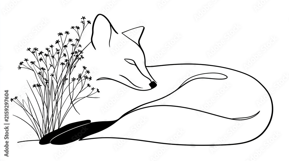 Naklejka premium Fox Sniffing Wildflowers in Nature