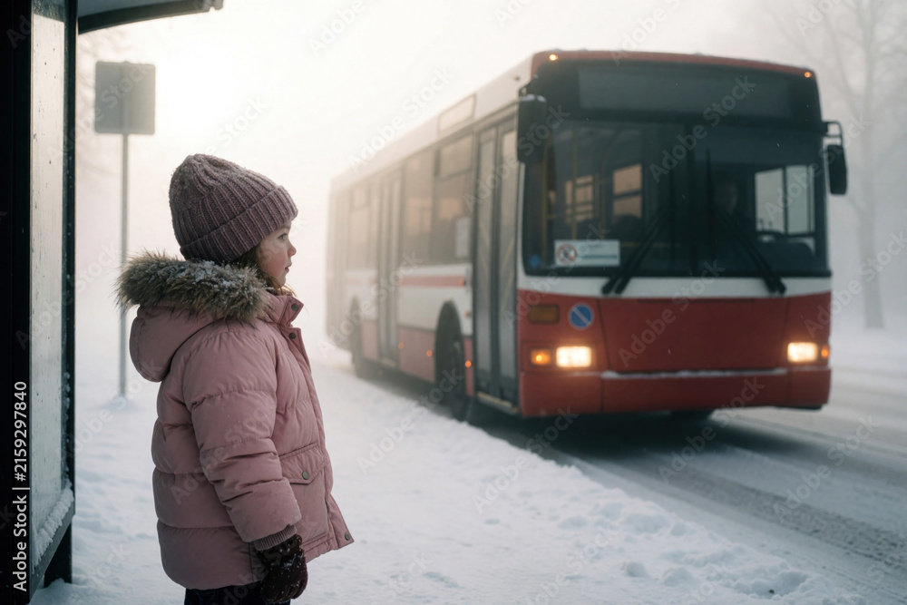 Naklejka premium Small child in warm clothes waits at bus stop during foggy winter morning. A bus idles nearby on snowy road. The scene conveys patience and routine transit.
