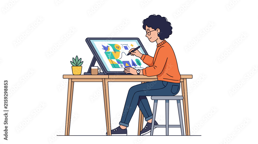 Fototapeta premium Artist creating digital art on a tablet with a stylus at a wooden desk