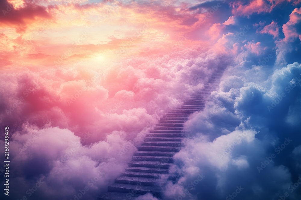 Fototapeta premium Dreamlike stairway to heaven through vibrant sunset clouds