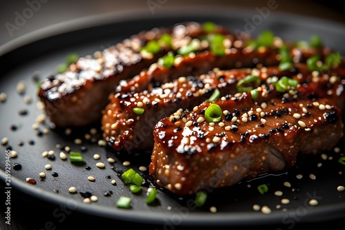 korean-style gochujang glazed lamb cutlets on a rustic dark slate plate