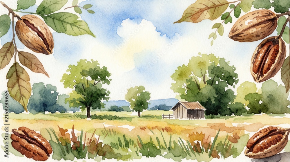 Naklejka premium Watercolor art shows pecan nut tree landscape. Rural farmhouse sits in green field under blue sky with clouds. Branches with brown nuts, leaves frame view. Autumn nature scene with organic food