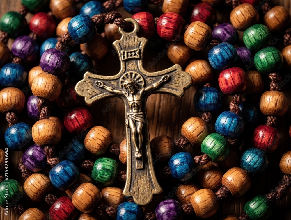 Naklejka premium Colorful wooden rosary beads and crucifix lie on table surface. Prayer accessory with Jesus Christ on cross. Catholic meditation tool for spiritual practice, faith.