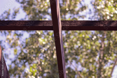 Fotografie Low-angle shot looking up at a rustic wooden pergola structure framed by a blurry green tree canopy and summer sky