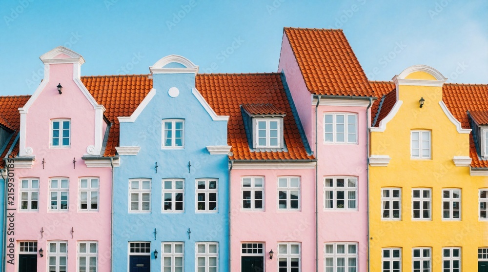 Fototapeta premium Colorful pastel townhouses line narrow street in European coastal city. Row of bright pink, blue, yellow houses with red tile roofs under clear sky. Charming urban architecture displays historic