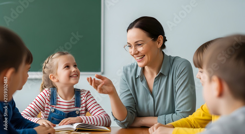 Teacher Assisting Diverse Elementary Students in Bright Classroom Learning Activity