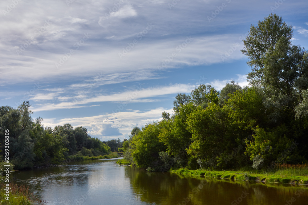 Obraz premium A picturesque summer landscape featuring a winding river flanked by dense green trees and lush foliage under a wide sky. The calm water reflects the vibrant riverside greenery