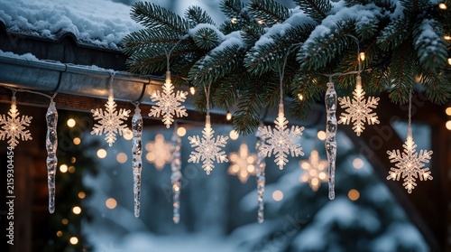 Snow covered roof eave with fir branches adorned with snowflake lights and icicles. Winter holidays decoration creates cozy outdoor ambiance with soft bokeh lights. Festive outdoor scene.