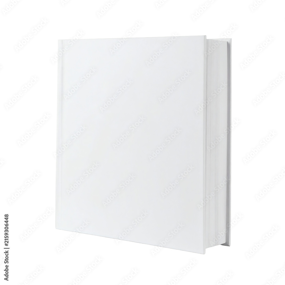 Fototapeta premium A standing white square hardcover book mockup, presented in a slightly angled front view, showcasing a blank cover ideal for design customization, isolated on a transparent background.