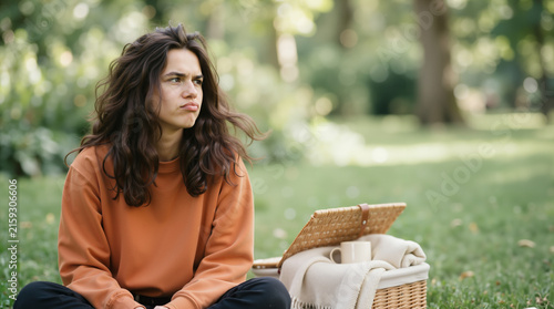 Grumpy young woman with an annoyed expression sitting on the grass in a park. Disappointed female pouting next to a picnic basket. Unhappy mood and negative emotion concept