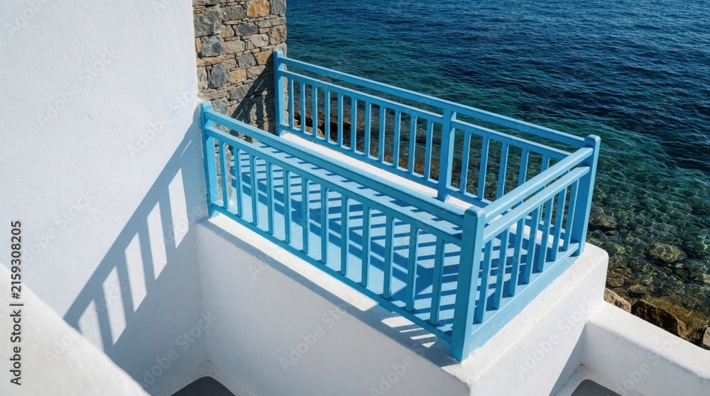 Fototapeta premium Blue balcony overlooks clear sea water on a sunny day. White architecture contrasts stone wall and blue railing. Peaceful ocean view inspires calm.