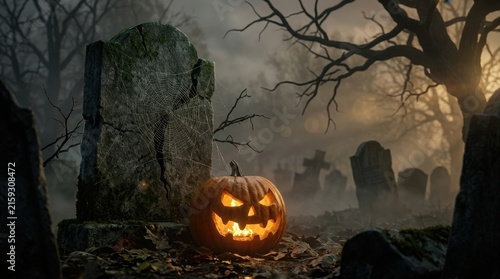 Spooky Halloween carved pumpkin near old tombstone in foggy cemetery background