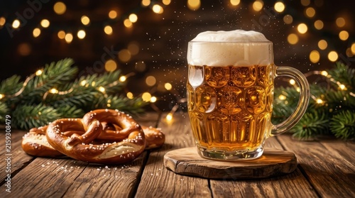 Craft beer mug with foam and salted pretzels on wooden table with bokeh lights background