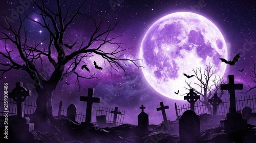 Halloween night cemetery background template with full moon bats graves crosses spooky tree