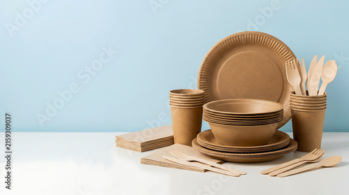Eco-friendly, zero-waste disposable tableware is neatly arranged on a wooden table against a blue background.