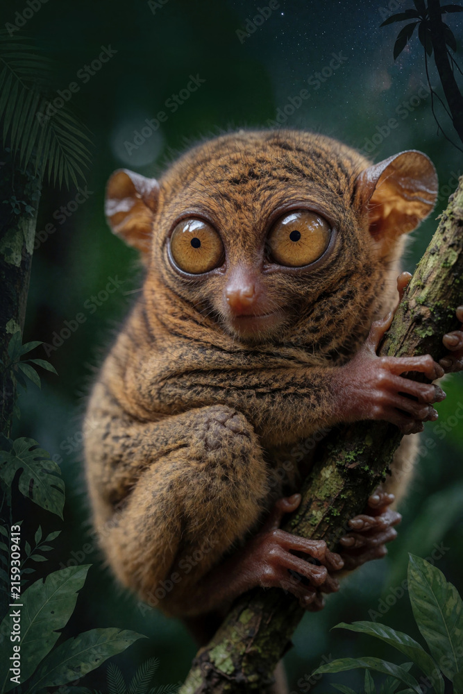 Fototapeta premium Tiny Philippine tarsier with huge eyes clings to tree branch in dark jungle. Small nocturnal primate looks forward amidst green leaves. Exotic wildlife animal lives in tropical forest ecosystem