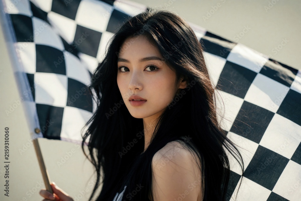 Fototapeta premium Young asian woman holds checkered flag. She is near race track or finish line. Outdoors setting, daytime, bright light. Motorsport or competition theme.