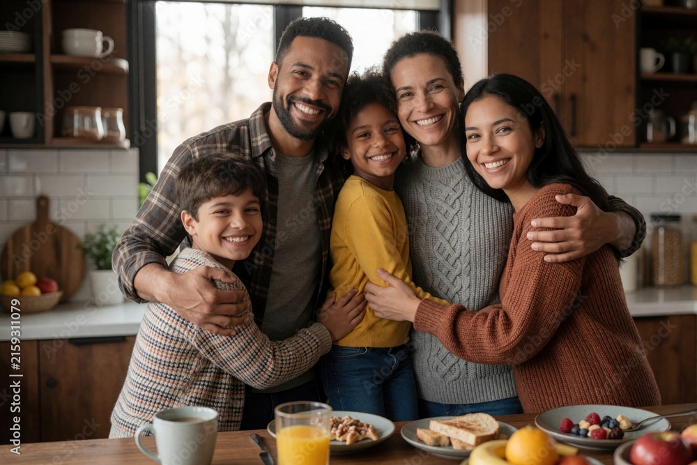 Obraz premium Happy black family of four hugs in home kitchen. Smiling father, mother, son, daughter enjoy breakfast together. Joyful parents embrace children near table with food, orange juice, fruit. Loving