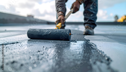 Roofer applying black waterproof bitumen coating with a paint roller on a flat roof construction site during the day