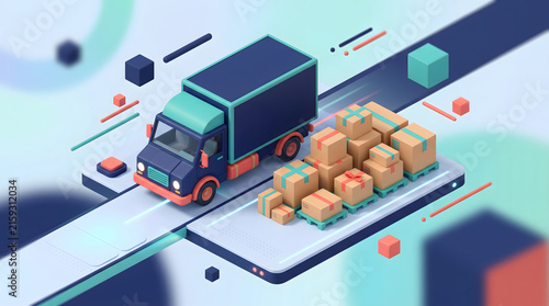 delivery truck with packages on digital platform 3d render