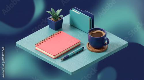 Desk workspace with notebook coffee and plant