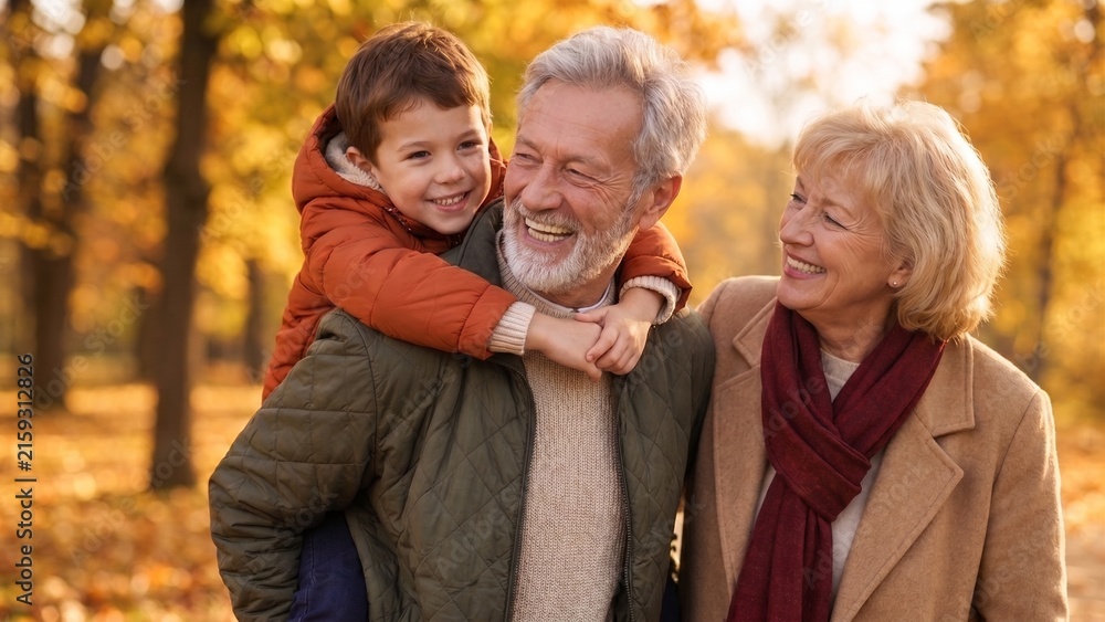 Fototapeta premium Happy Grandparents With Grandson Enjoying Family Time Together in Autumn Park