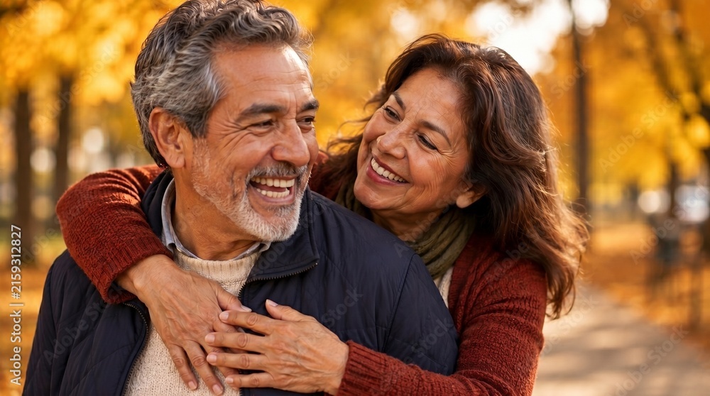 Fototapeta premium Loving mature Hispanic couple embracing in autumn park. Happy senior husband and wife hugging and smiling outdoors, celebrating long relationship and healthy retirement