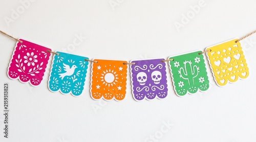A paper-sticker style illustration Papel Picado banner with colorful flags featuring a dove, sun, skull, cactus, and flower designs.  Isolated on solid white background