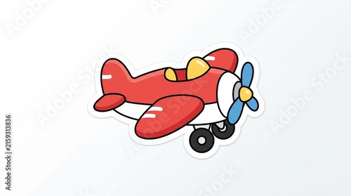 A paper-sticker style illustration A cute red toy airplane with a propeller, ready for adventure.  Isolated on solid white background
