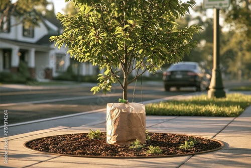 Young street tree with watering bag and mulch ring on residential sidewalk