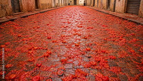 A cobblestone street covered in crushed tomatoes, likely from a festival or event involving tomato throwing.