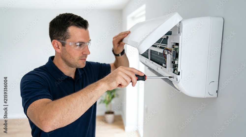 Obraz premium Male technician wearing safety glasses and repairing a household appliance with a screwdriver. Home maintenance, electrical service, appliance installation, and professional repair concept.