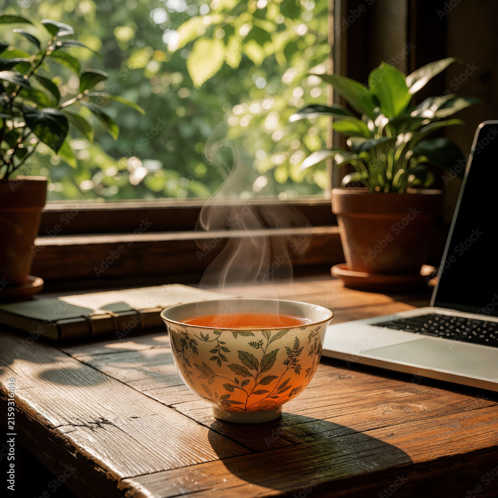 Fototapeta premium Steam rises from floral tea cup on wooden desk beside notebook, laptop. Potted plants frame window showing rich greenery. Warm sunlight filters through, casting soft shadows across serene workspace.