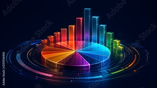 Futuristic glowing neon 3D pie chart and colorful bar graph on digital dashboard platform for business data analytics.