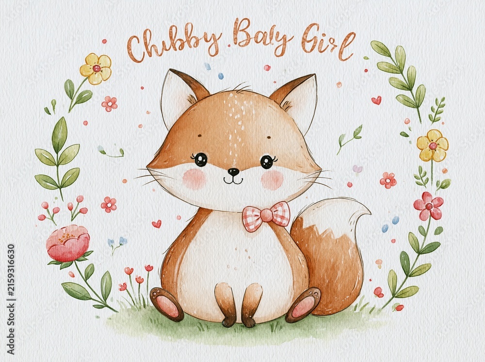 Fototapeta premium Adorable Watercolor Baby Fox Illustration Surrounded by Delicate Floral Wreath and Soft Colors