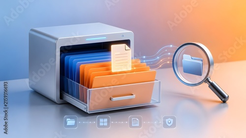 3D digital file cabinet with magnifying glass extracting glowing document representing electronic data search and smart cloud storage retrieval.